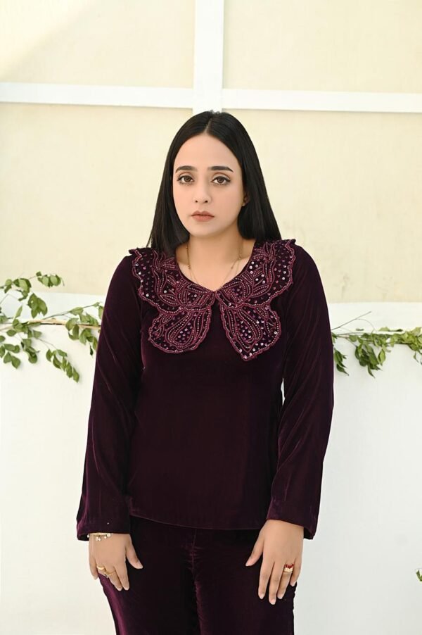 Plum Velvet Embroidered Co-ord Set Butterfly Bloom